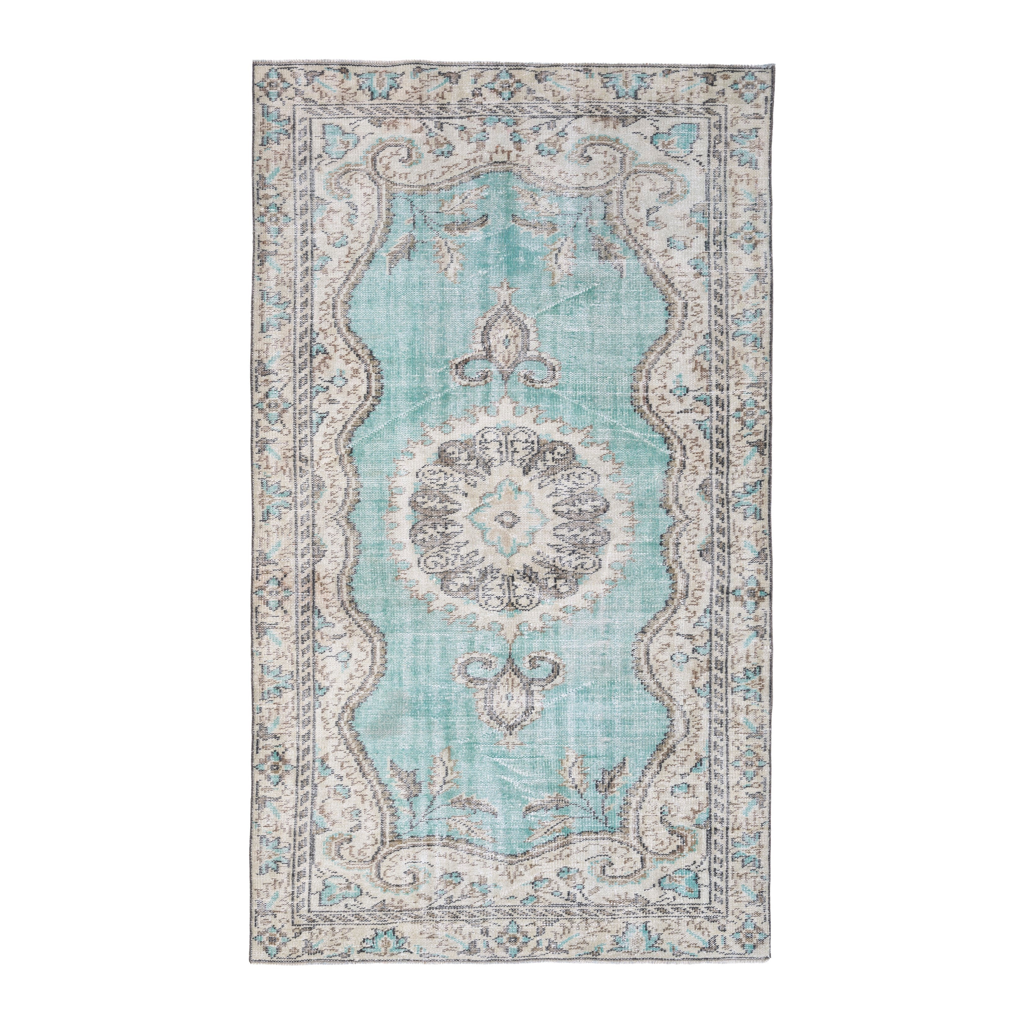 Turkish Manisa area rug in turquoise and cream, 5'1" x 8'9"