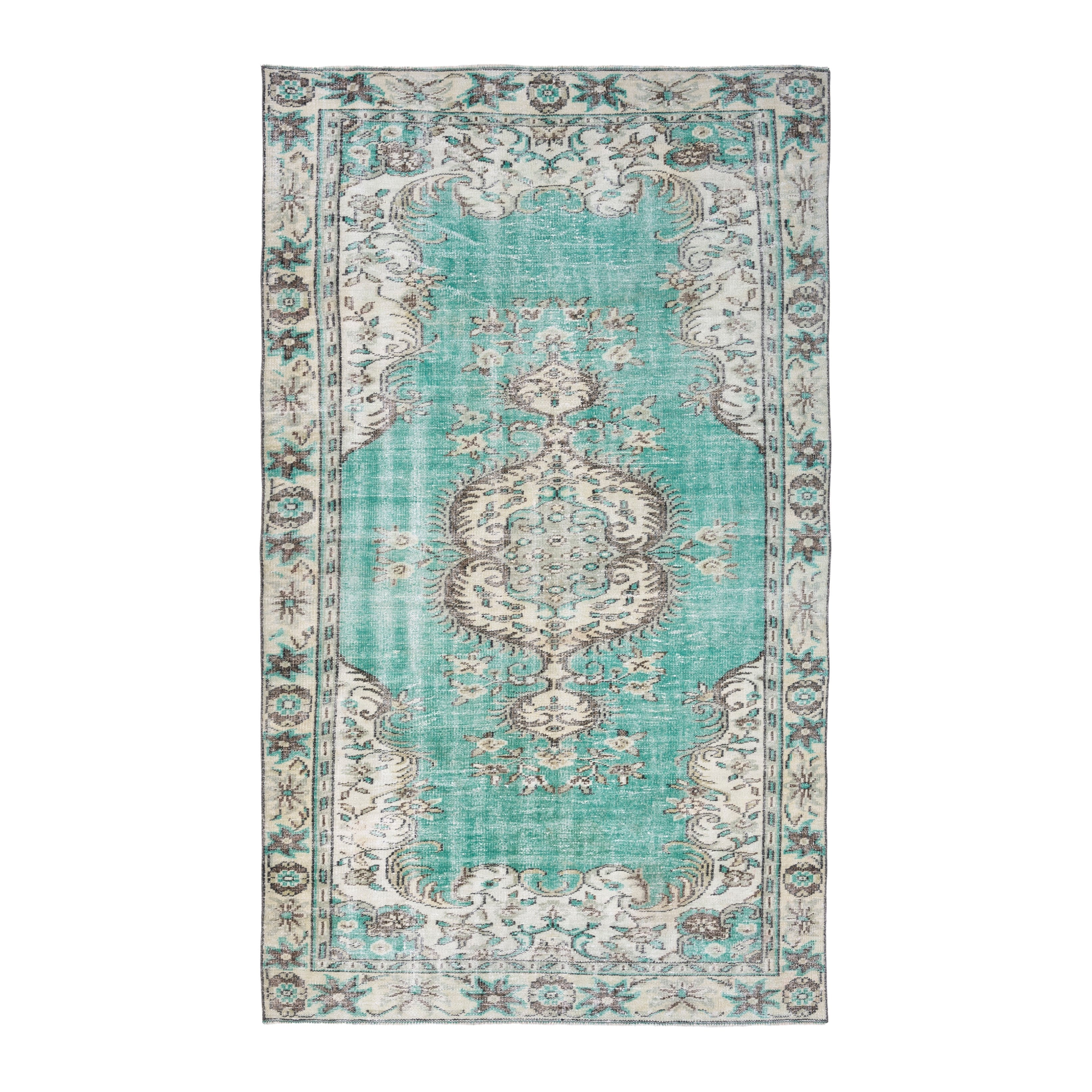 Turkish Manisa area rug in turquoise and cream, 5'8" x 9'6"