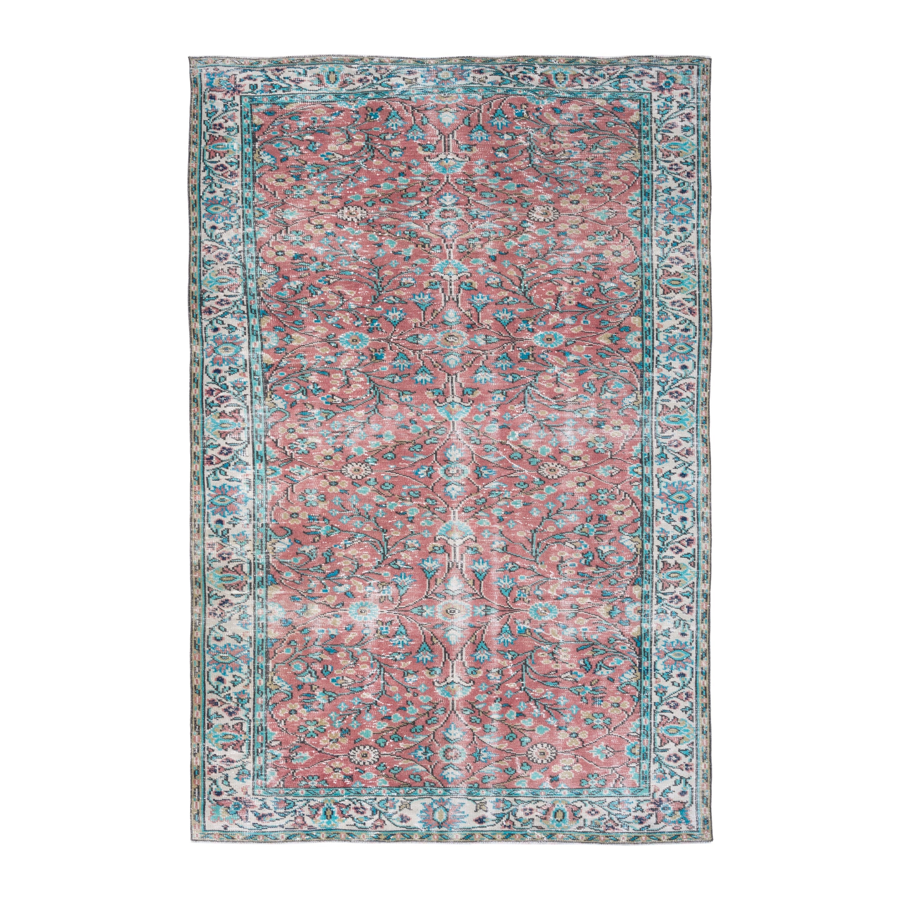 Turkish Manisa area rug in faded red and teal, 5'10" x 9'2"