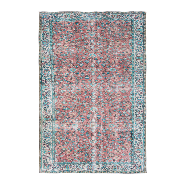 Turkish Manisa area rug in faded red and teal, 5'10" x 9'2"