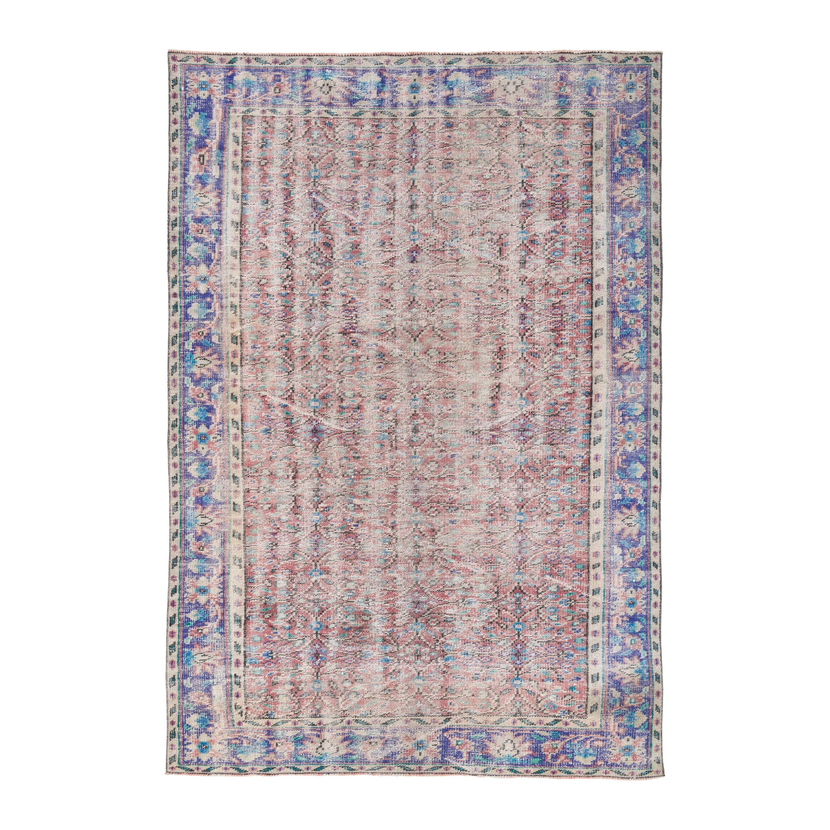 Turkish Manisa area rug in muted pink and navy, 5'6" x 7'11"