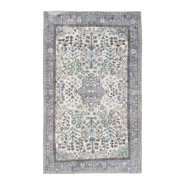 Turkish Isparta area rug in ivory and blue gray, 5'5" x 9'