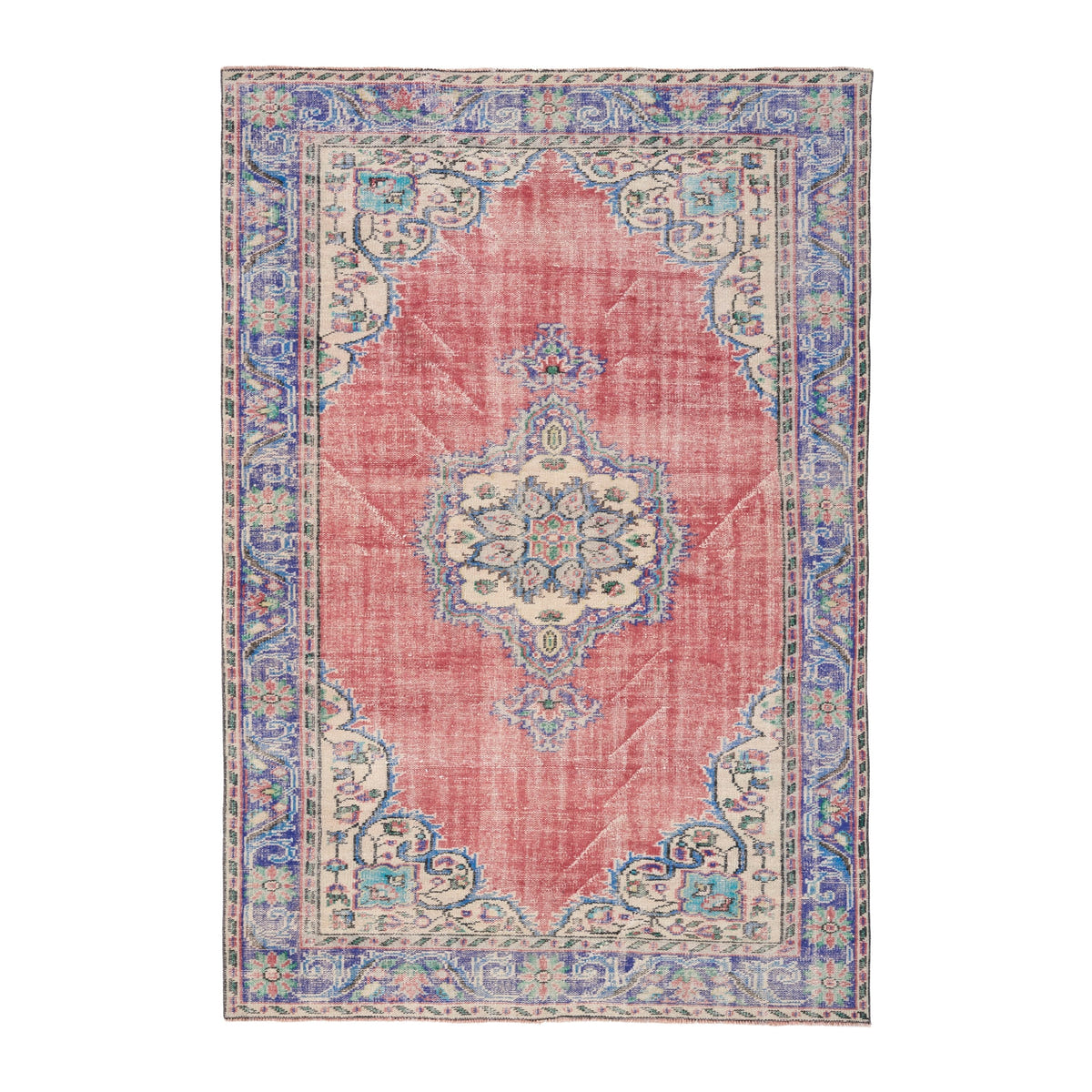 Turkish Manisa area rug in faded red and navy, 5'8" x 8'3"