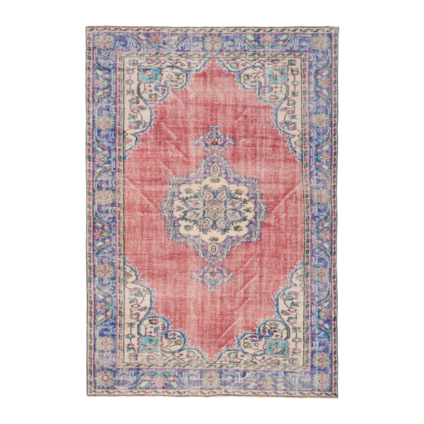 Turkish Manisa area rug in faded red and navy, 5'8" x 8'3"