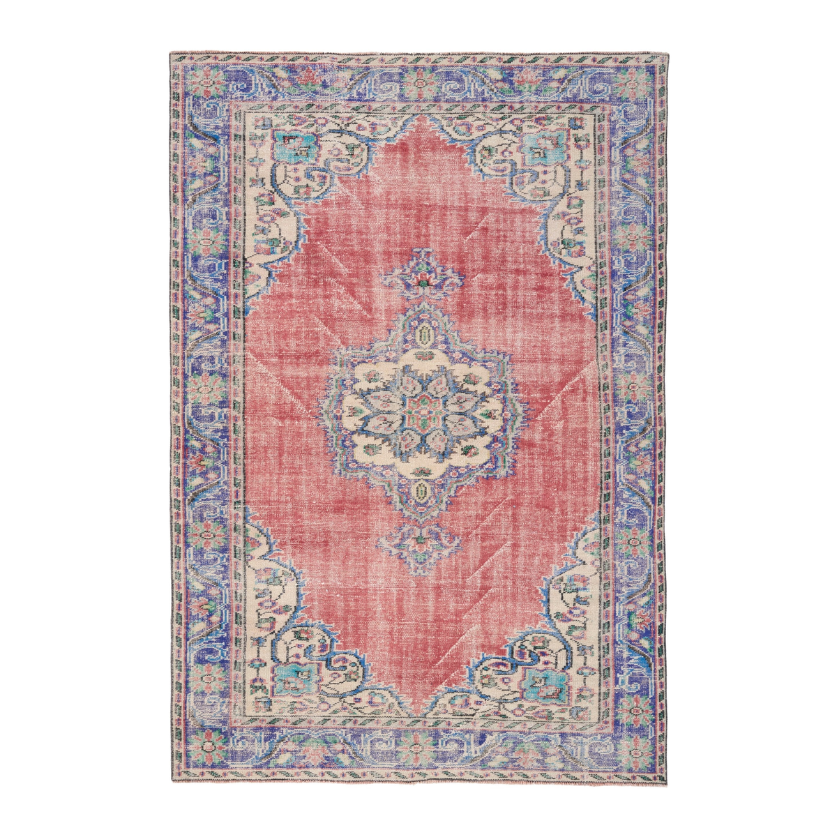 Turkish Manisa area rug in faded red and navy, 5'8" x 8'3"