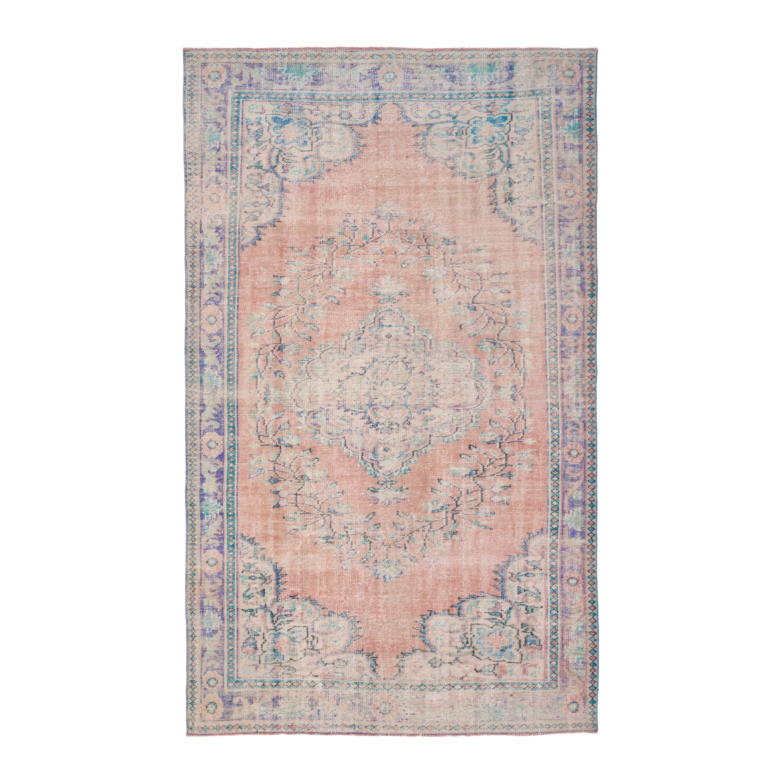 Turkish Manisa area rug in muted pink and slate blue, 6' x 9'5"