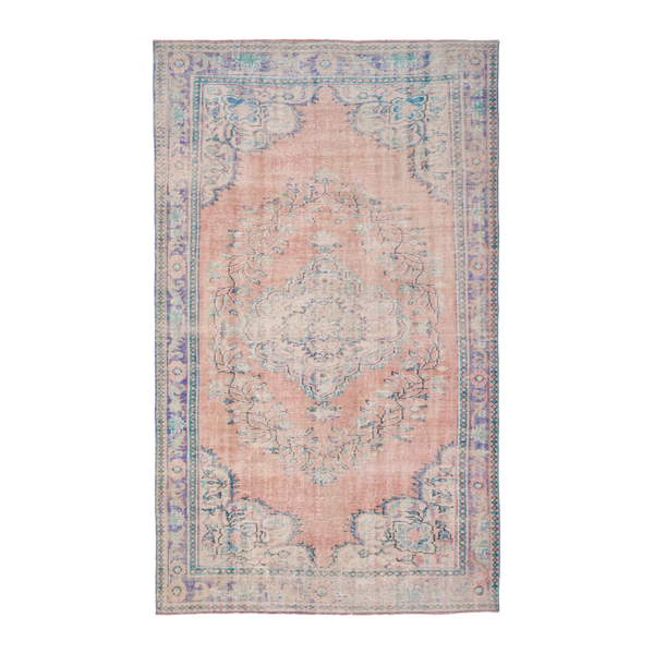 Turkish Manisa area rug in muted pink and slate blue, 6' x 9'5"