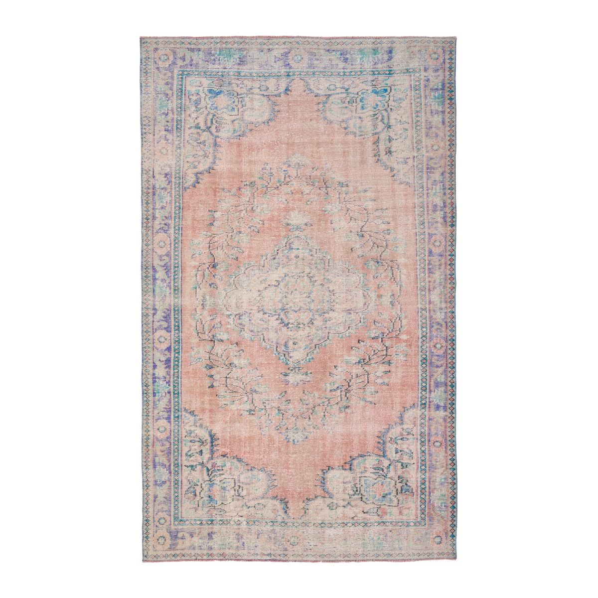 Turkish Manisa area rug in muted pink and slate blue, 6' x 9'5"