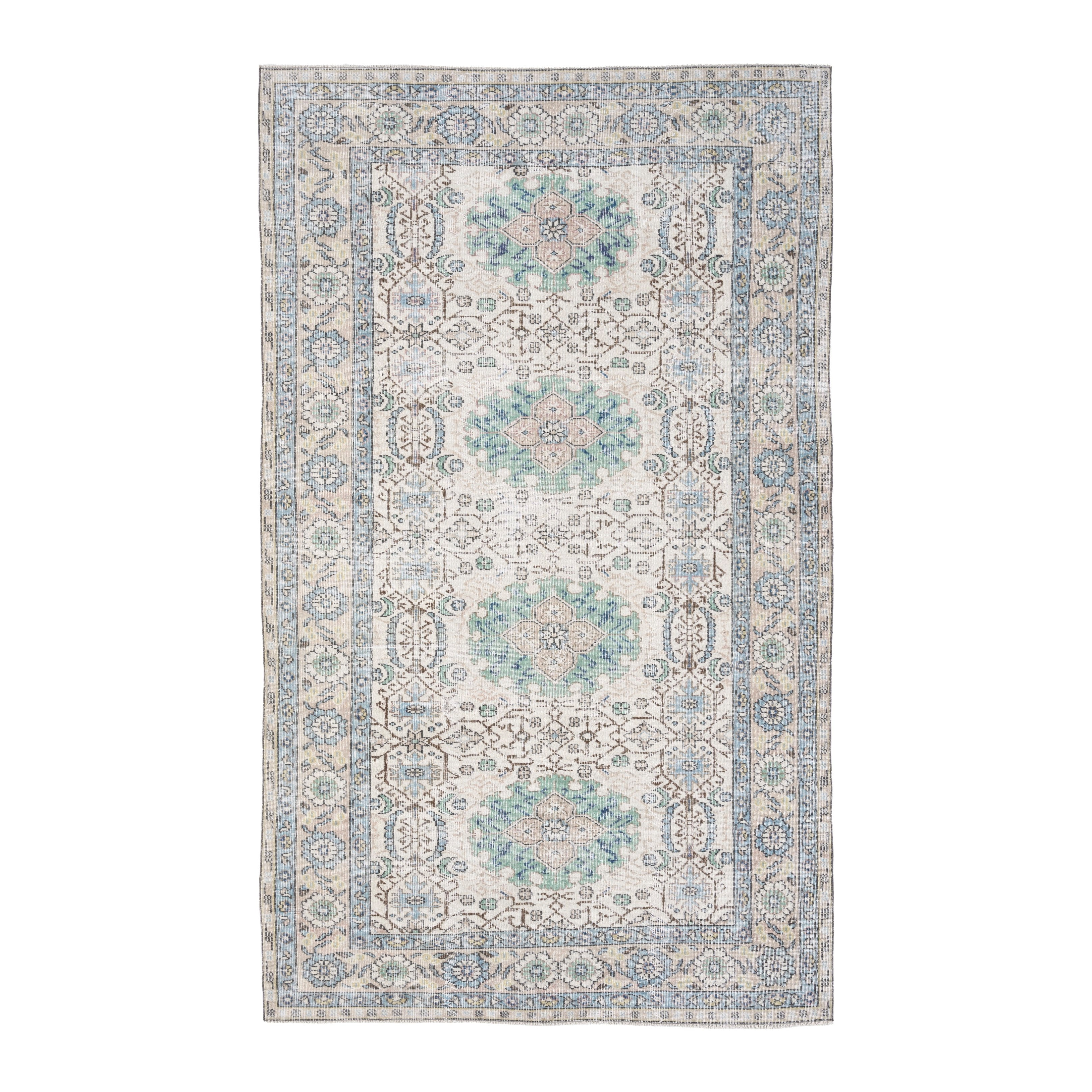 Turkish Isparta area rug in cream and blue gray, 5'5" x 9'2"