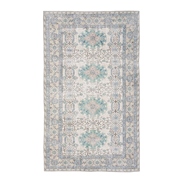 Turkish Isparta area rug in cream and blue gray, 5'5" x 9'2"