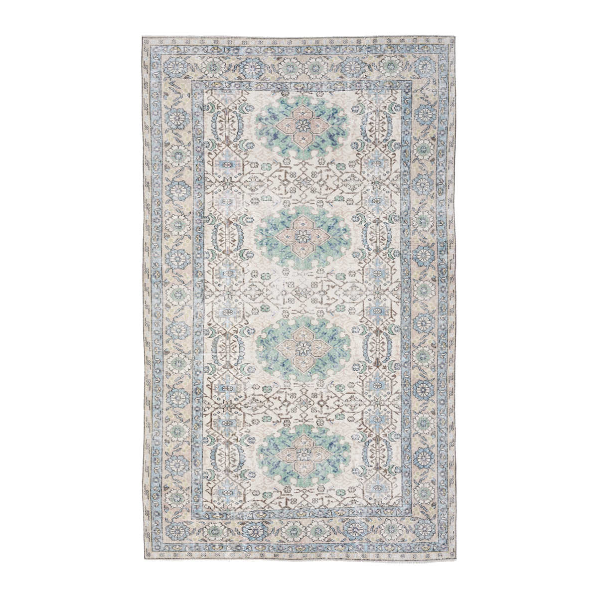 Turkish Isparta area rug in cream and blue gray, 5'5" x 9'2"