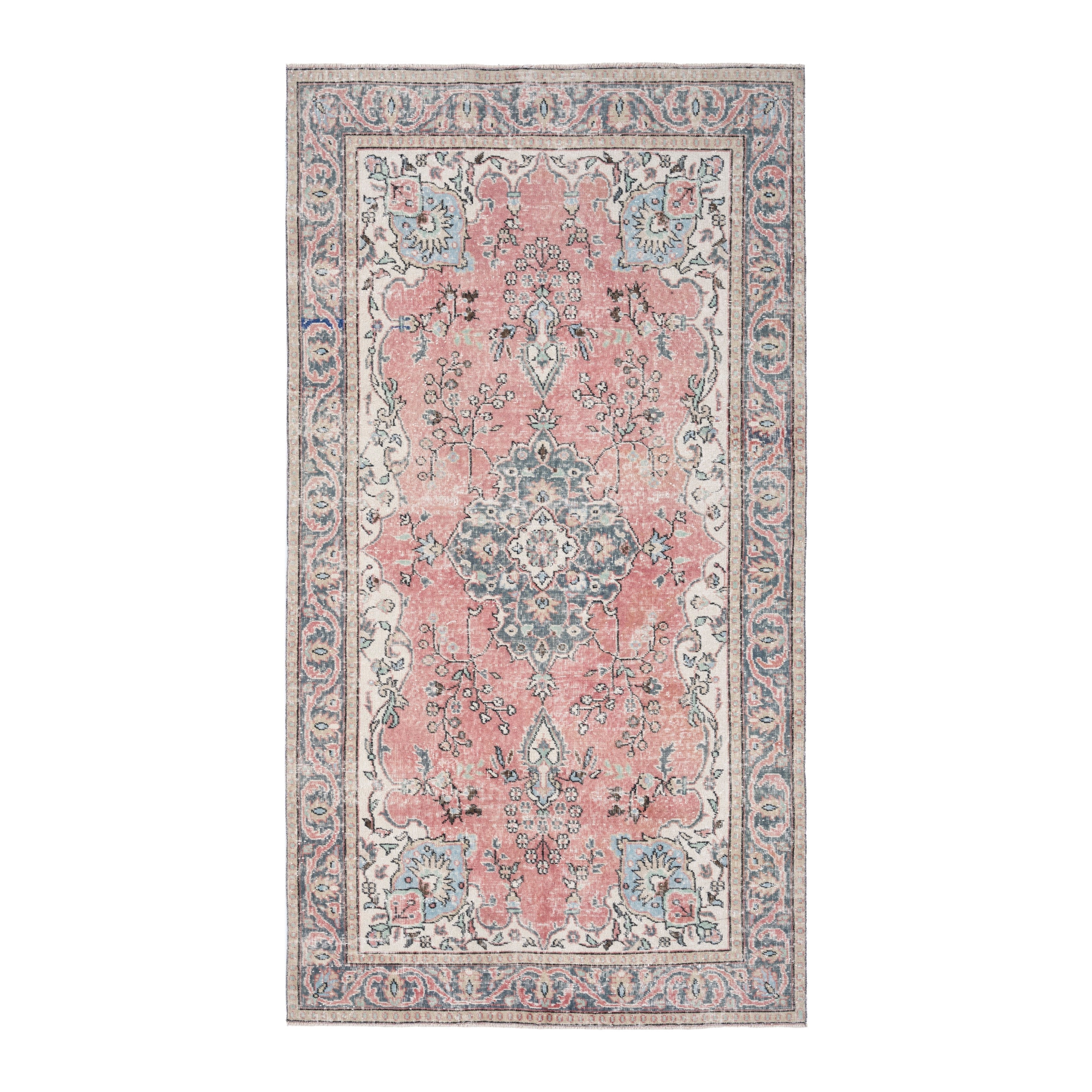 Turkish Isparta area rug in dusty rose and blue gray, 5' x 9'