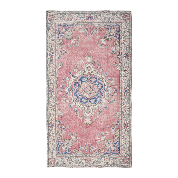 Turkish Isparta area rug in muted pink and off-white, 4'6" x 8'2"