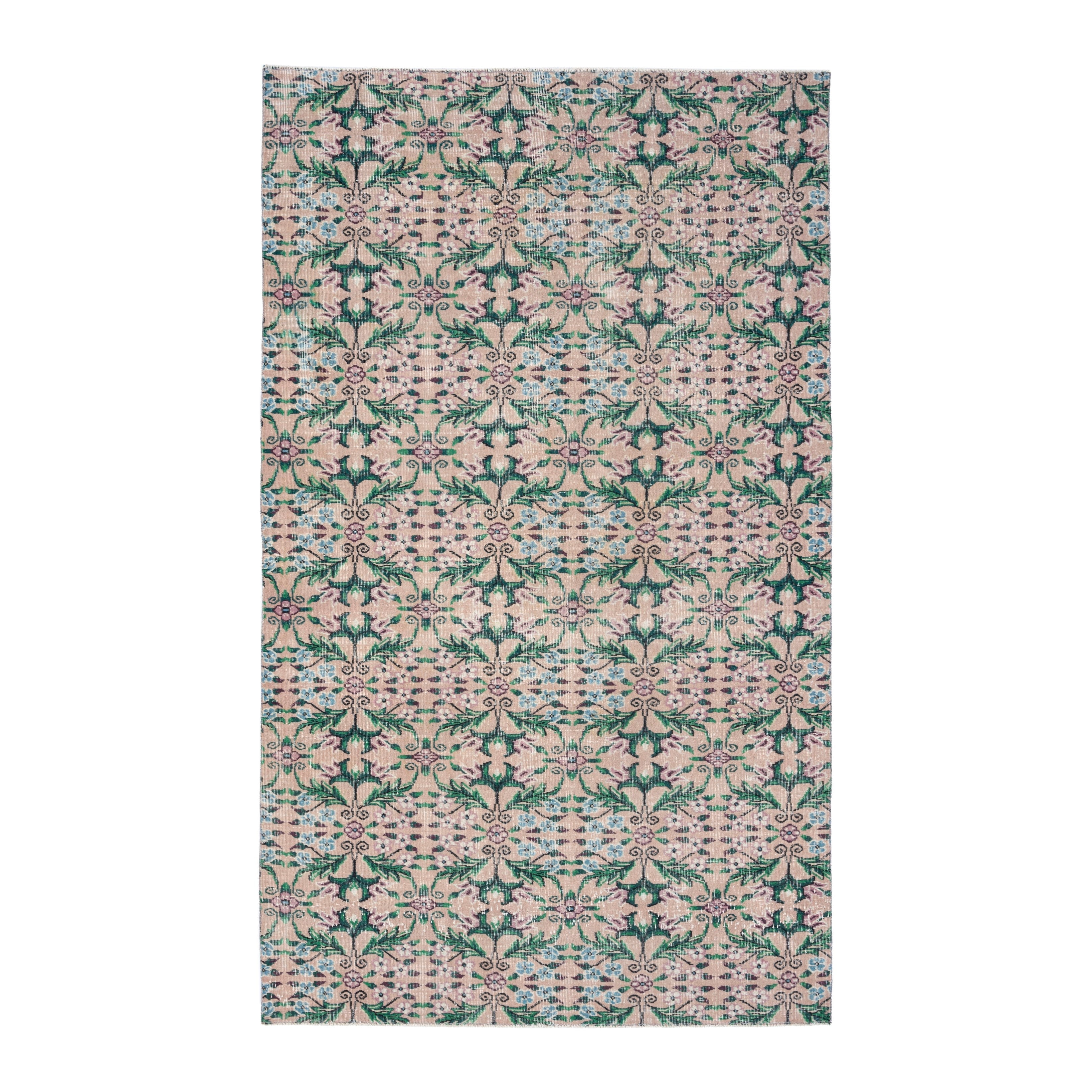 Turkish Isparta area rug in muted pink and emerald, 5'7" x 9'3"