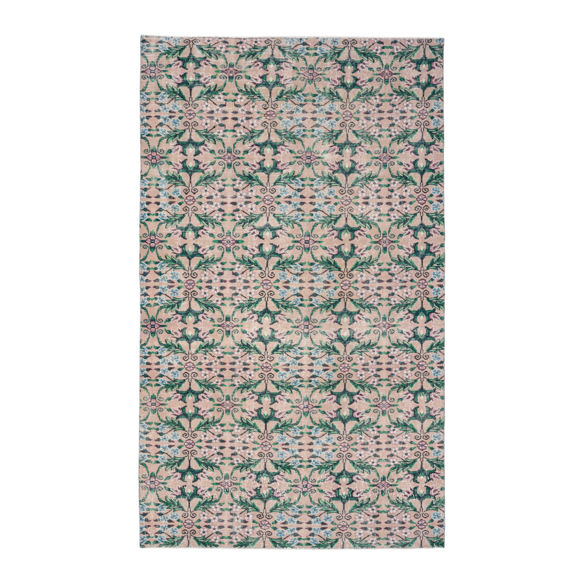 Turkish Isparta area rug in muted pink and emerald, 5'7" x 9'3"