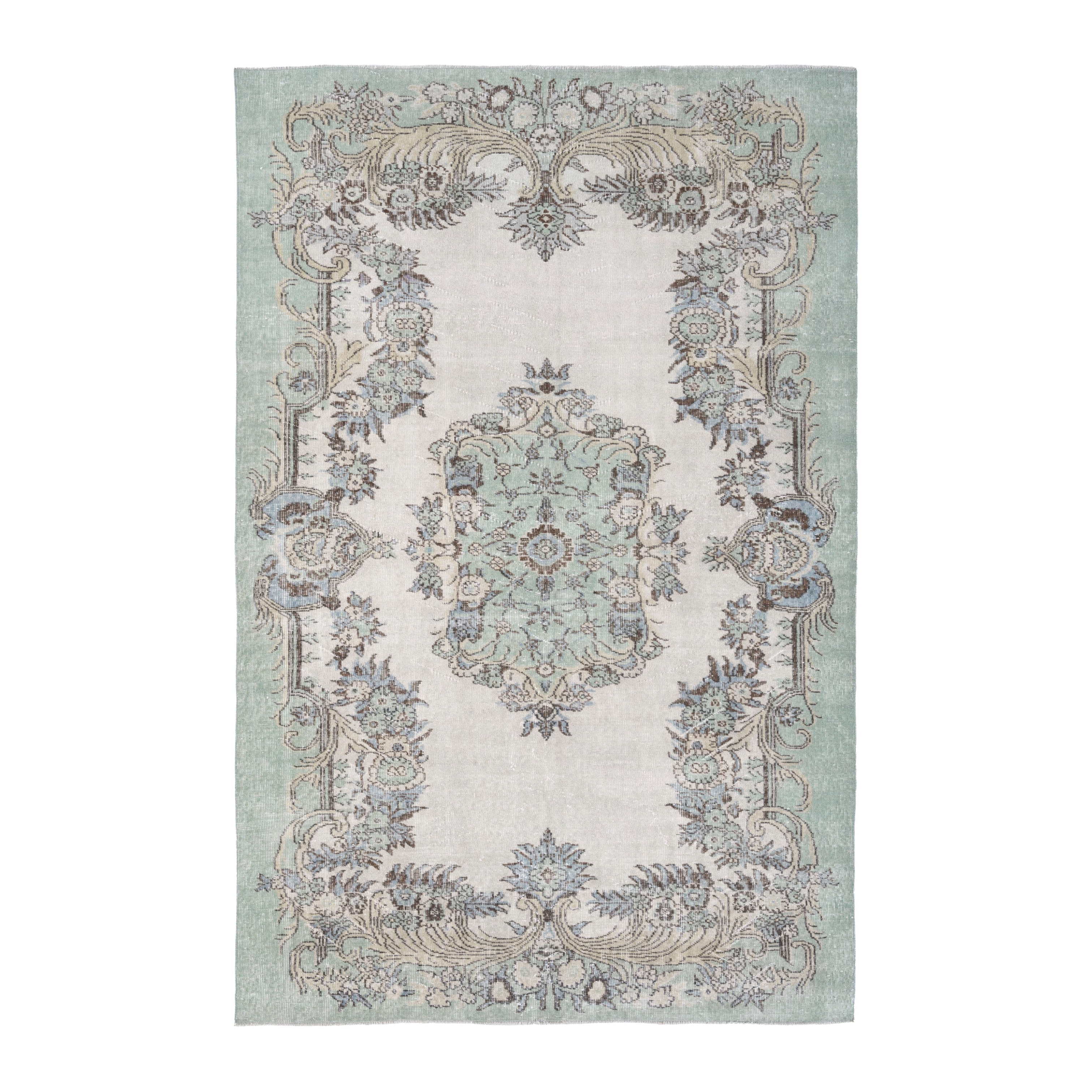 Turkish Isparta area rug in sage and off-white, 6' x 8'11"