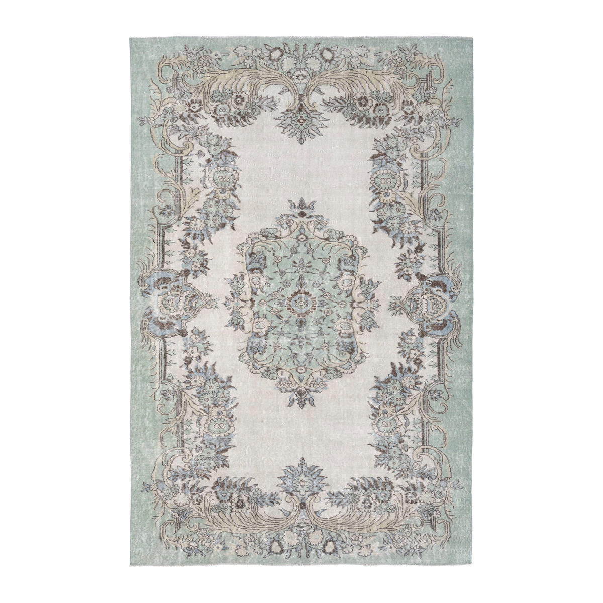 Turkish Isparta area rug in sage and off-white, 6' x 8'11"