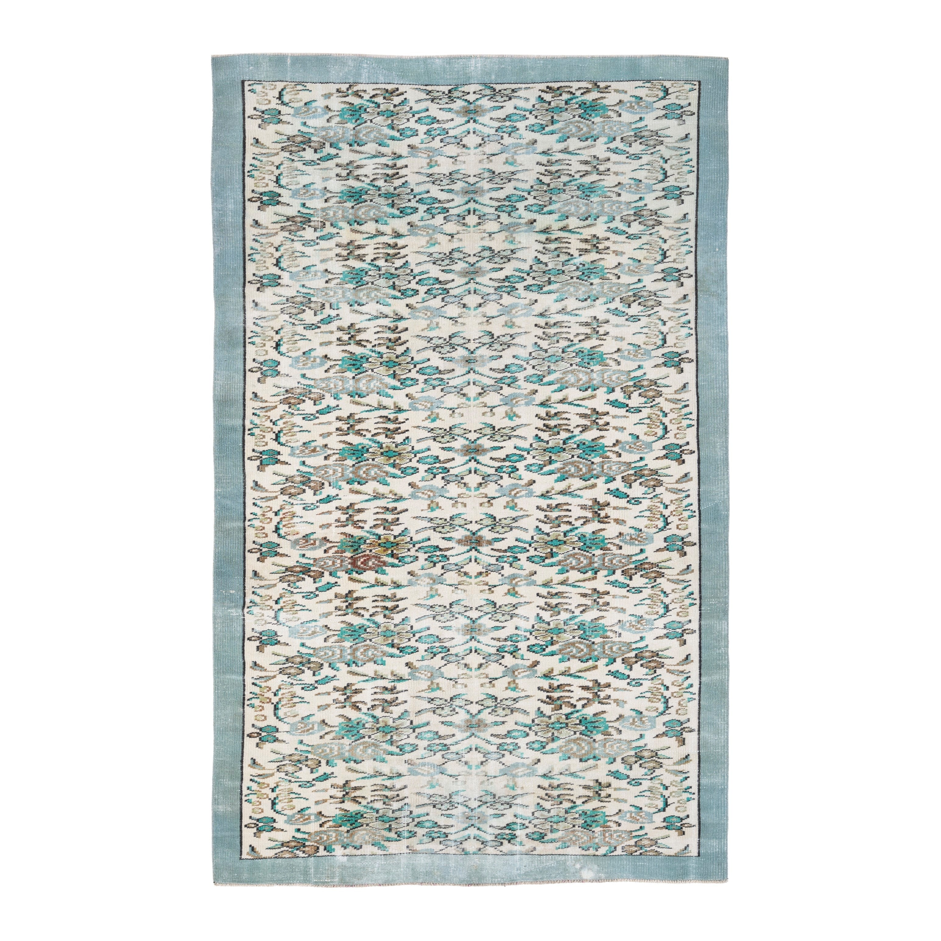 Turkish Manisa area rug in ivory and teal, 5'1" x 8'2"