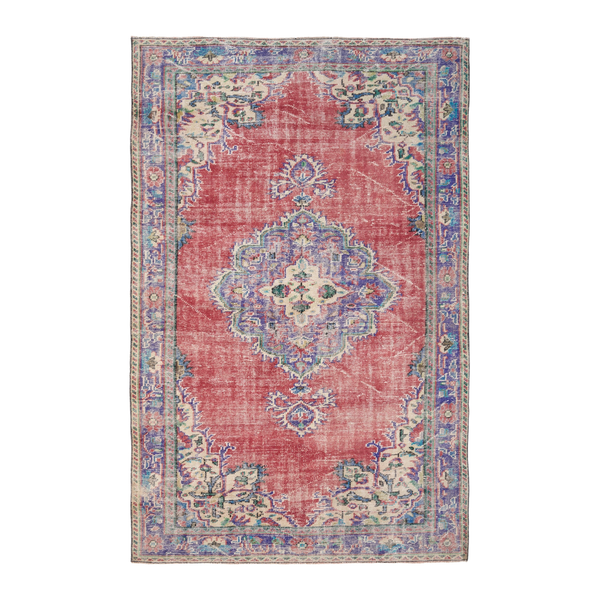 Turkish Manisa area rug in faded red and dark blue, 6'1" x 9'7"