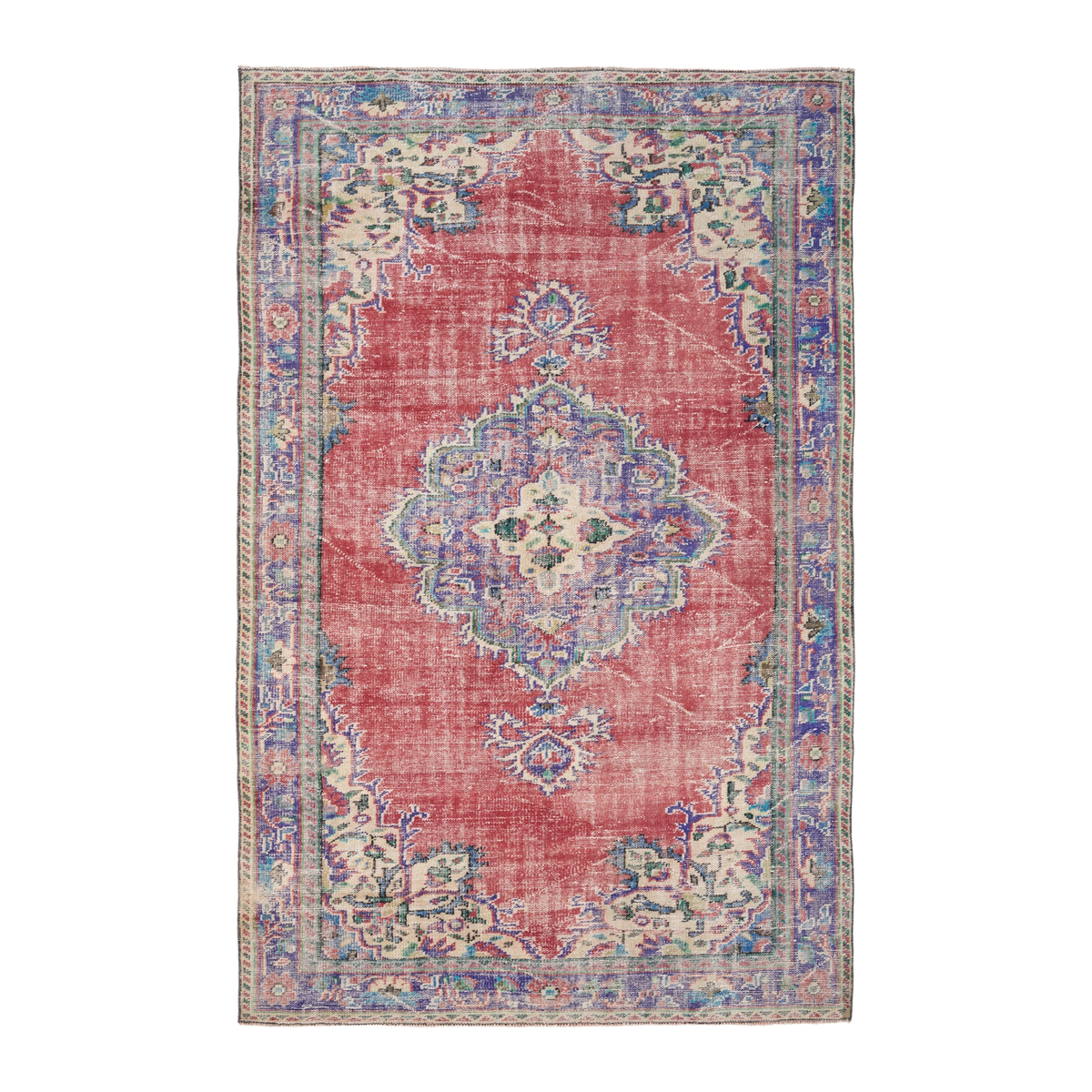 Turkish Manisa area rug in faded red and dark blue, 6'1" x 9'7"