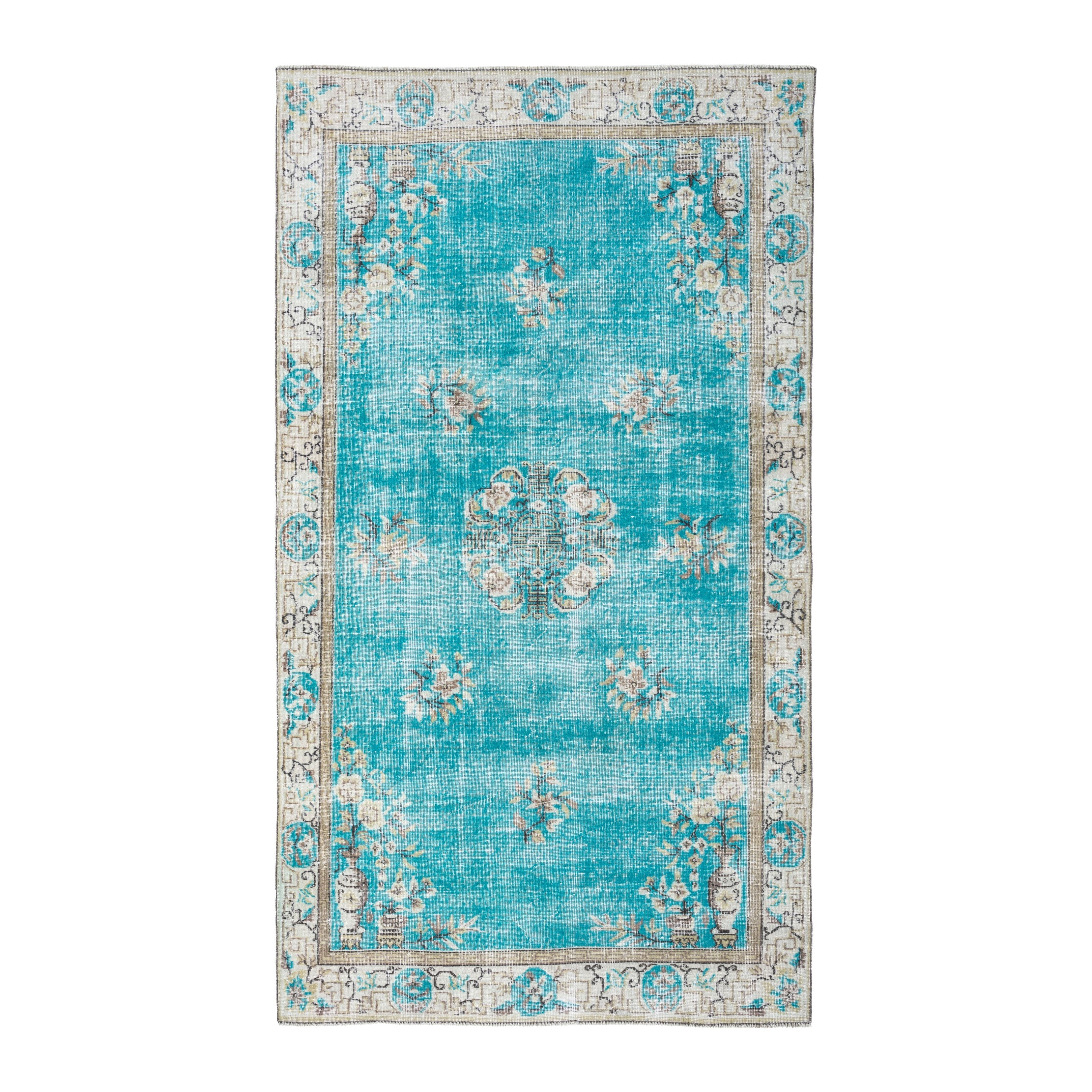 Turkish Isparta area rug in turquoise and off-white, 5' x 8'5"