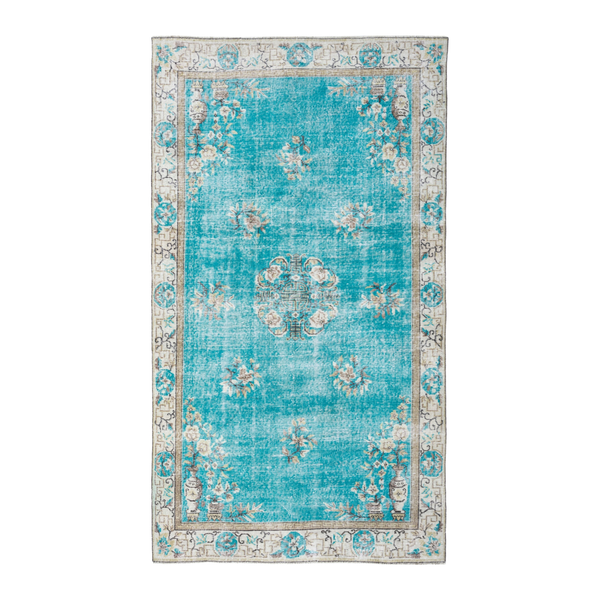 Turkish Isparta area rug in turquoise and off-white, 5' x 8'5"