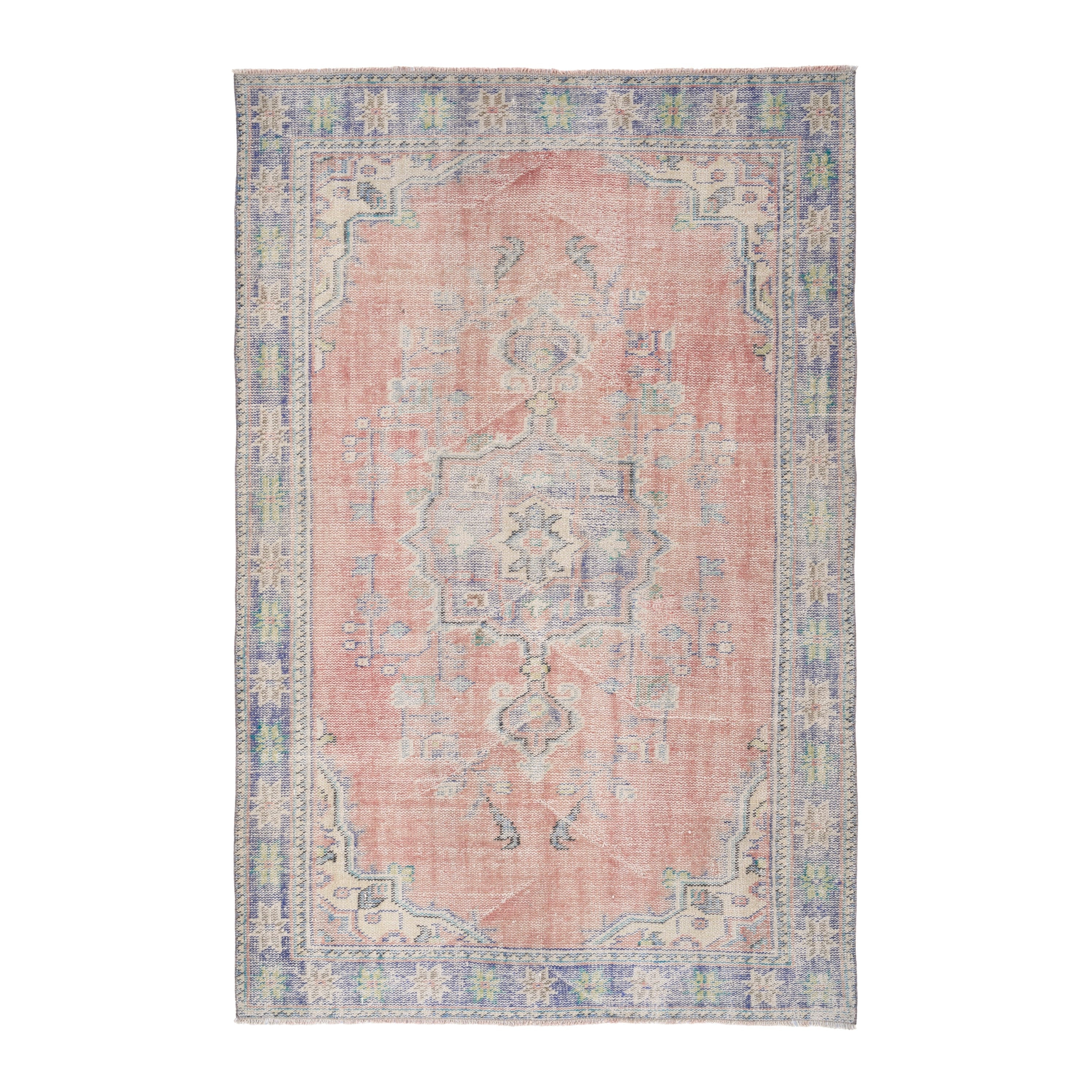 Turkish Manisa area rug in muted pink and slate blue, 5'1" x 7'11"