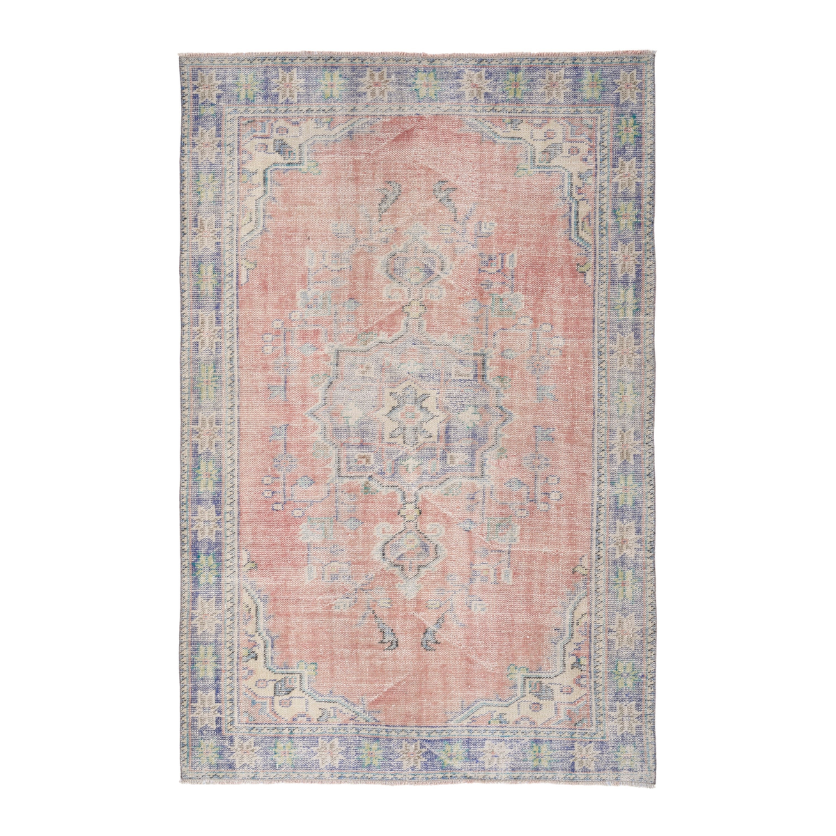 Turkish Manisa area rug in muted pink and slate blue, 5'1" x 7'11"