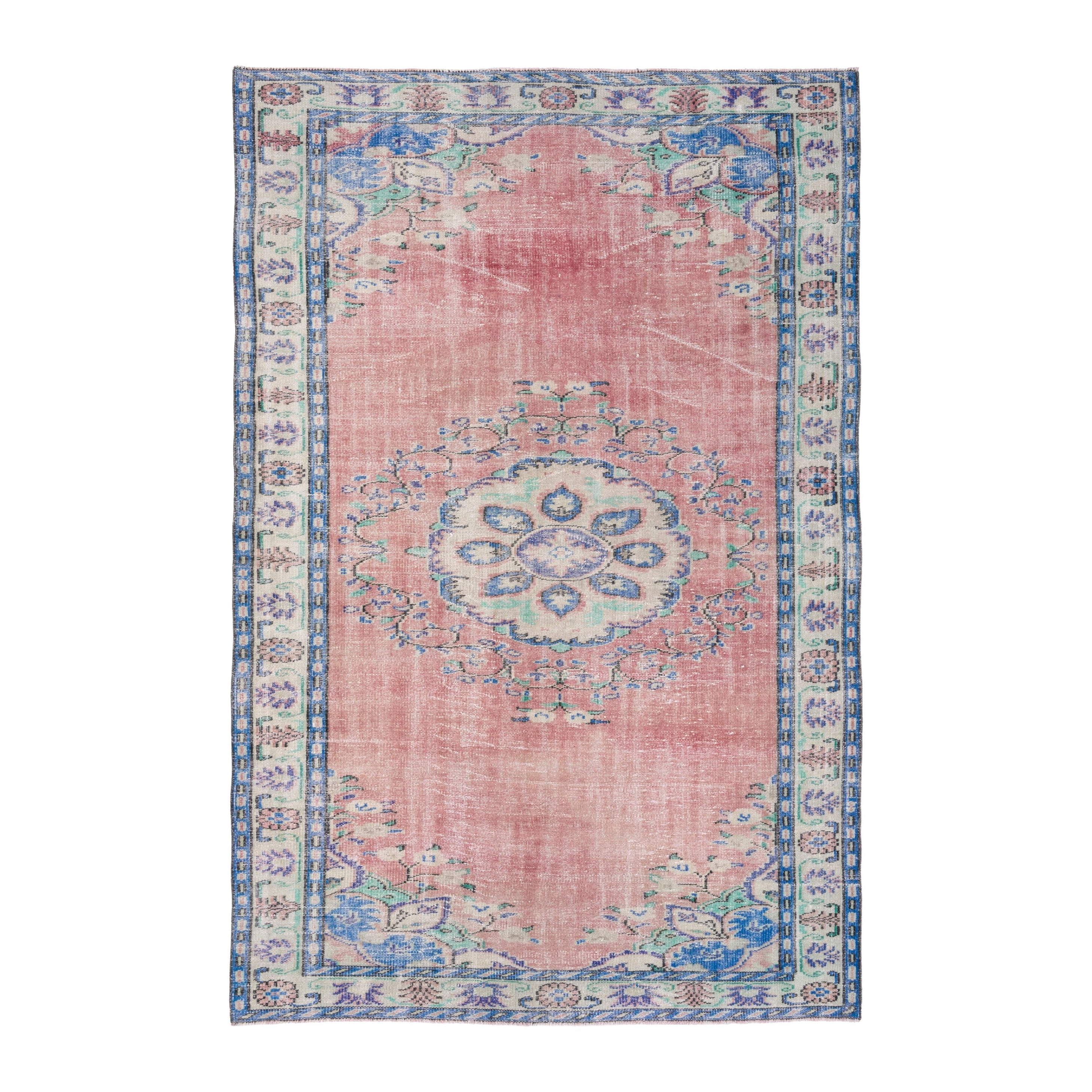 Turkish Manisa area rug in muted pink and denim, 5'11" x 9'1"