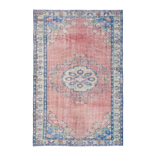 Turkish Manisa area rug in muted pink and denim, 5'11" x 9'1"
