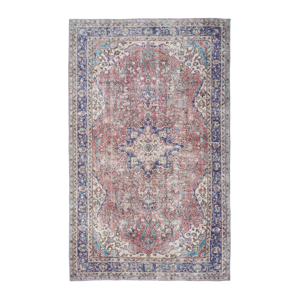 Turkish Isparta area rug in faded red and deep indigo, 5'5" x 8'8"