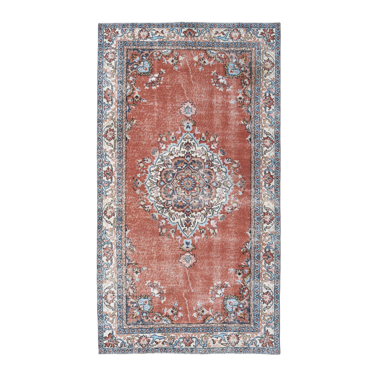 Turkish Isparta area rug in terracotta and off-white, 4'8" x 8'5"