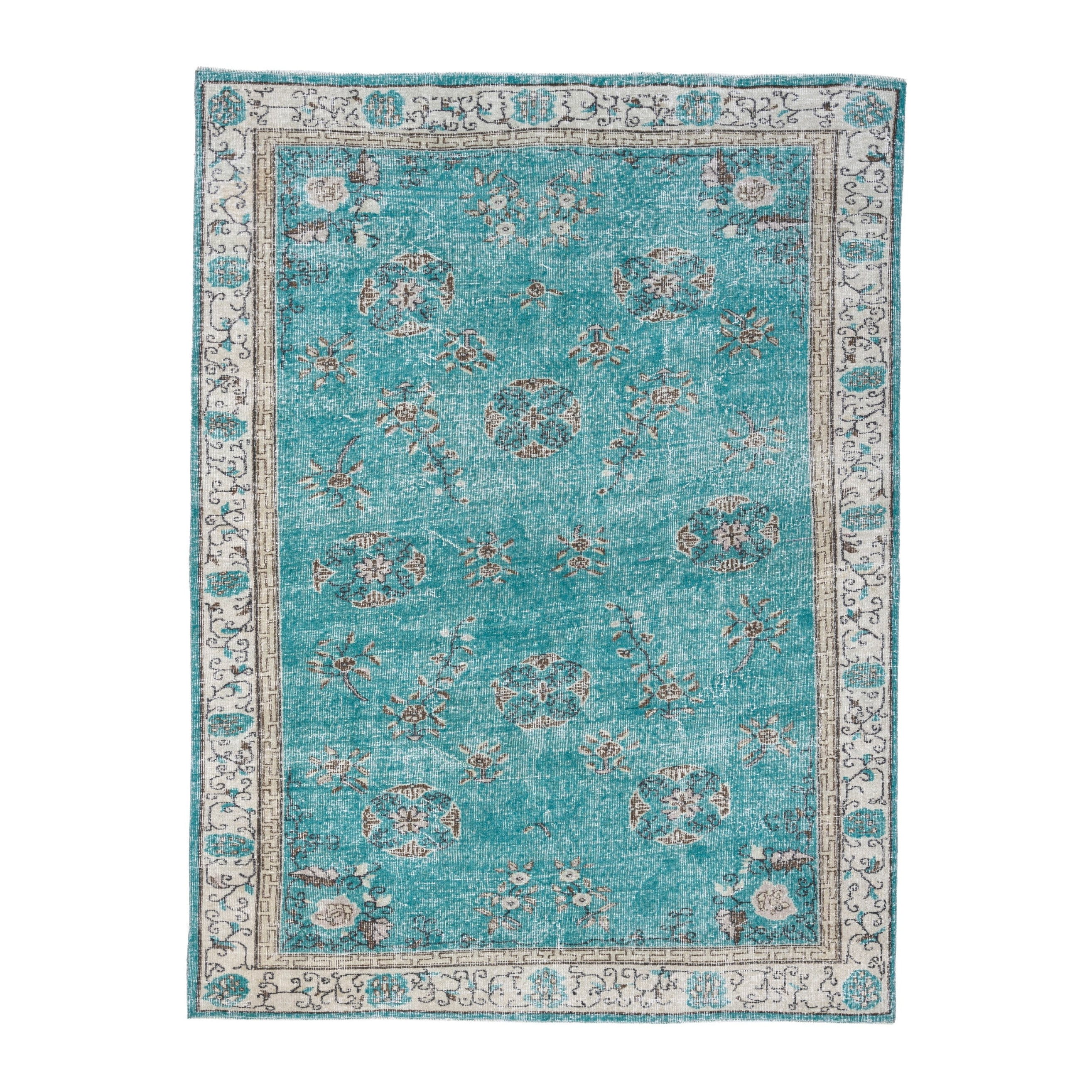 Turkish Isparta area rug in turquoise and cream, 6'6" x 8'4"