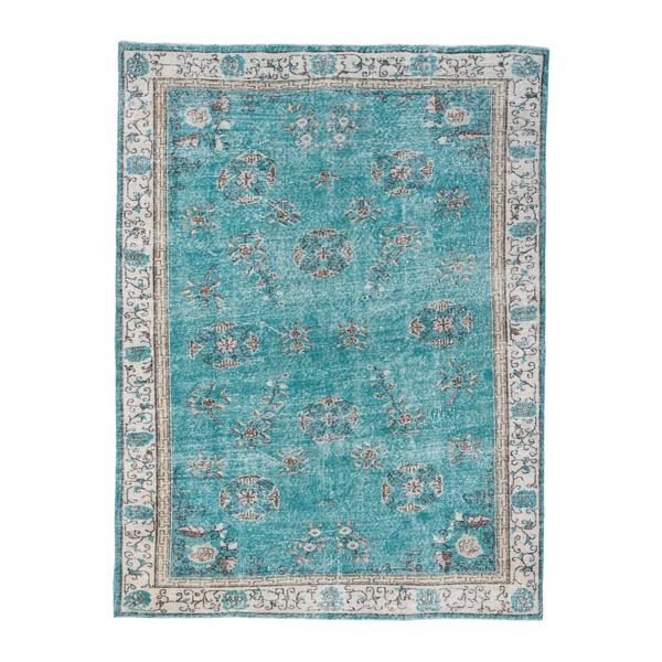 Turkish Isparta area rug in turquoise and cream, 6'6" x 8'4"