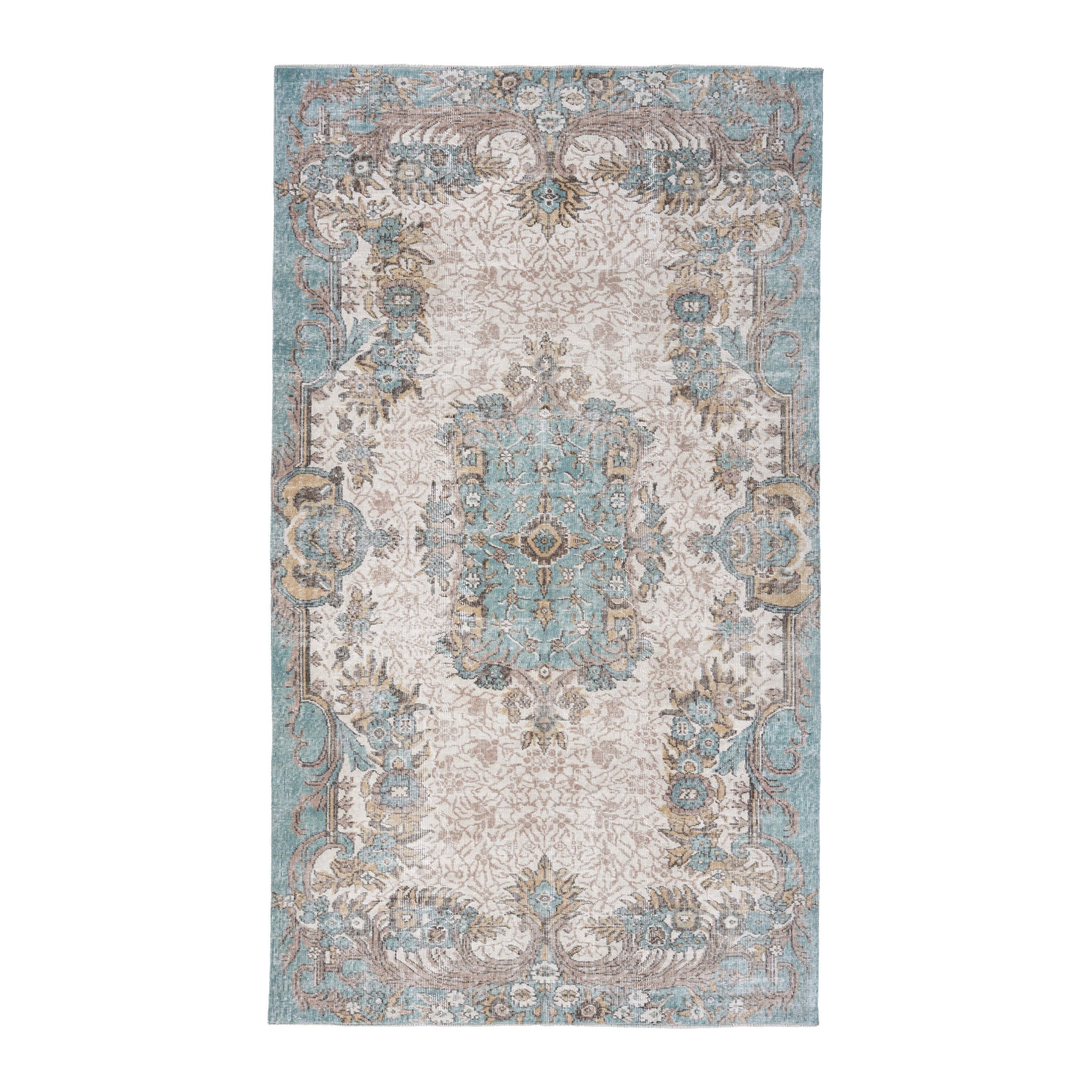 Turkish Isparta area rug in cream and turquoise, 5'5" x 9'2"