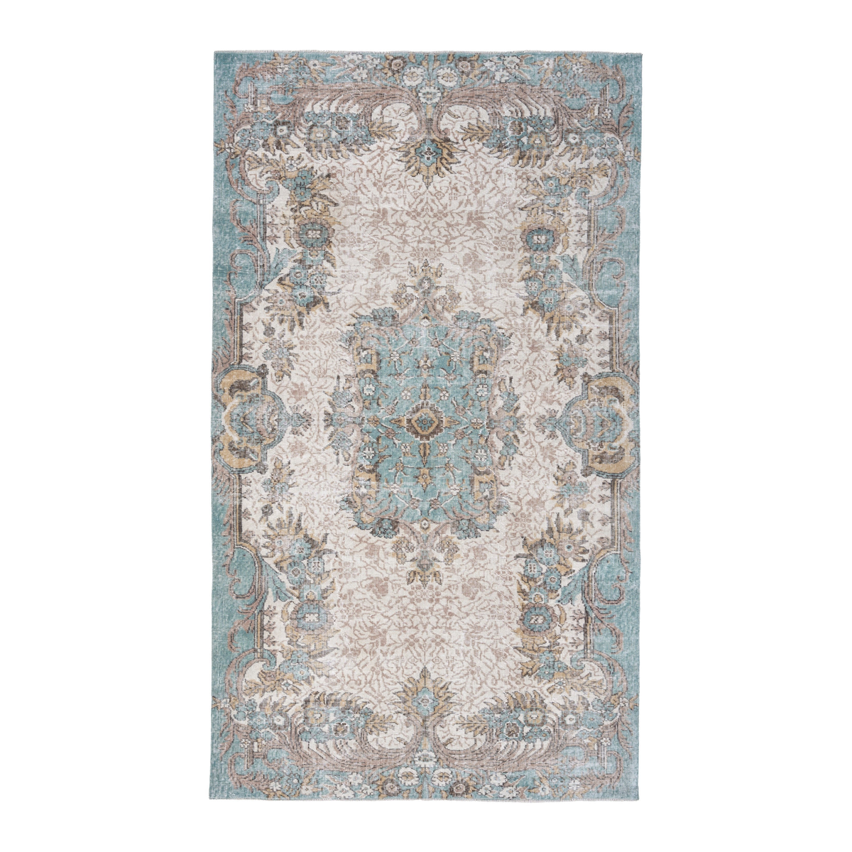 Turkish Isparta area rug in cream and turquoise, 5'5" x 9'2"
