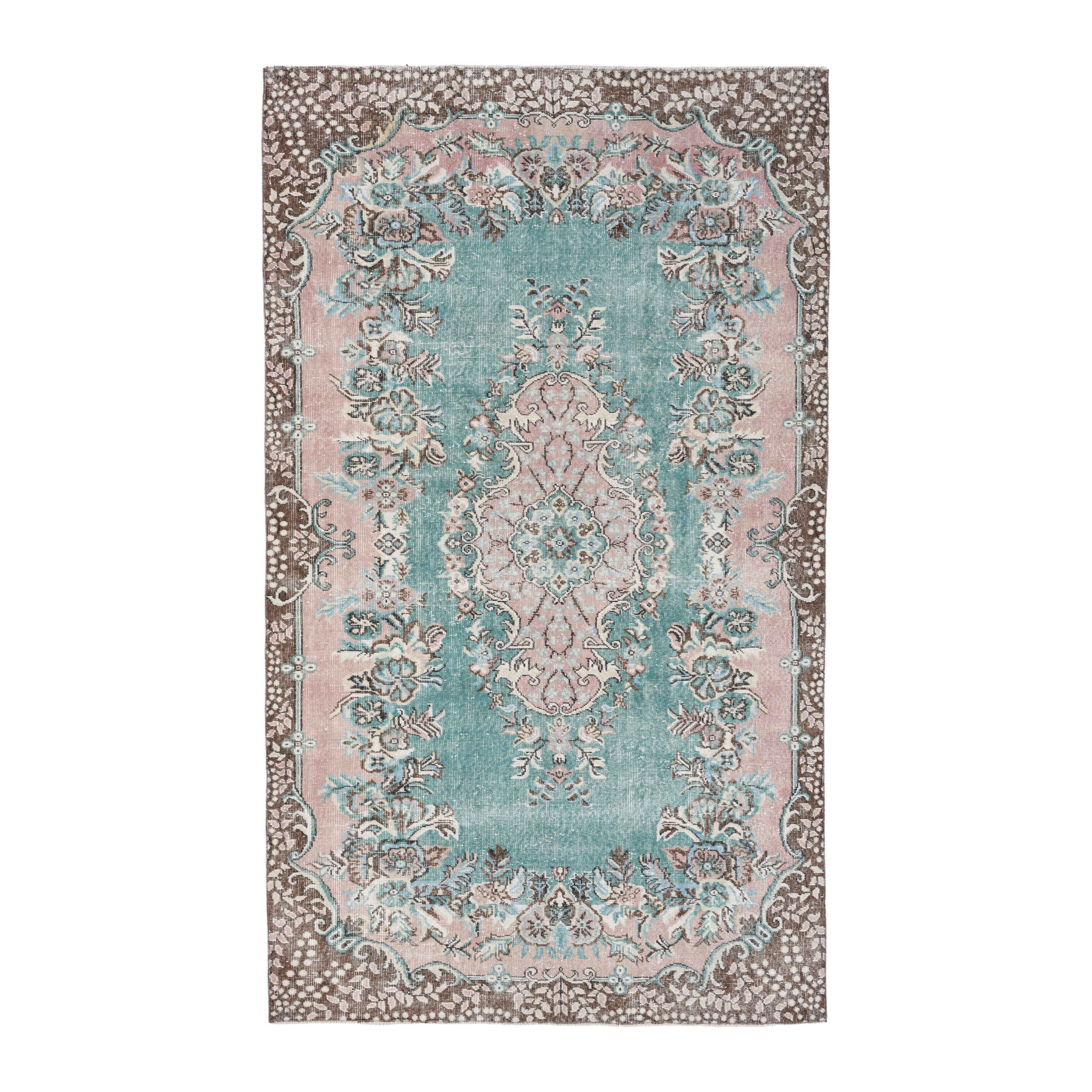 Turkish Isparta area rug in turquoise and muted pink, 5'9" x 9'6"