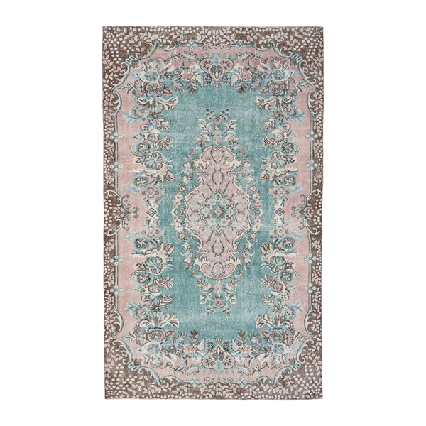 Turkish Isparta area rug in turquoise and muted pink, 5'9" x 9'6"