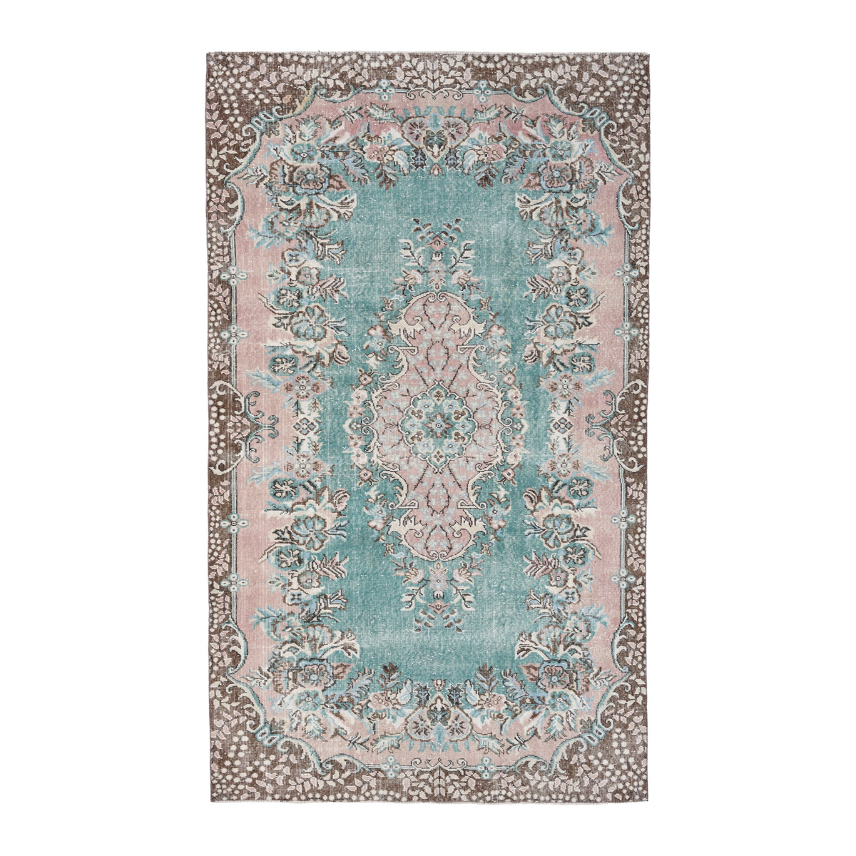 Turkish Isparta area rug in turquoise and muted pink, 5'9" x 9'6"