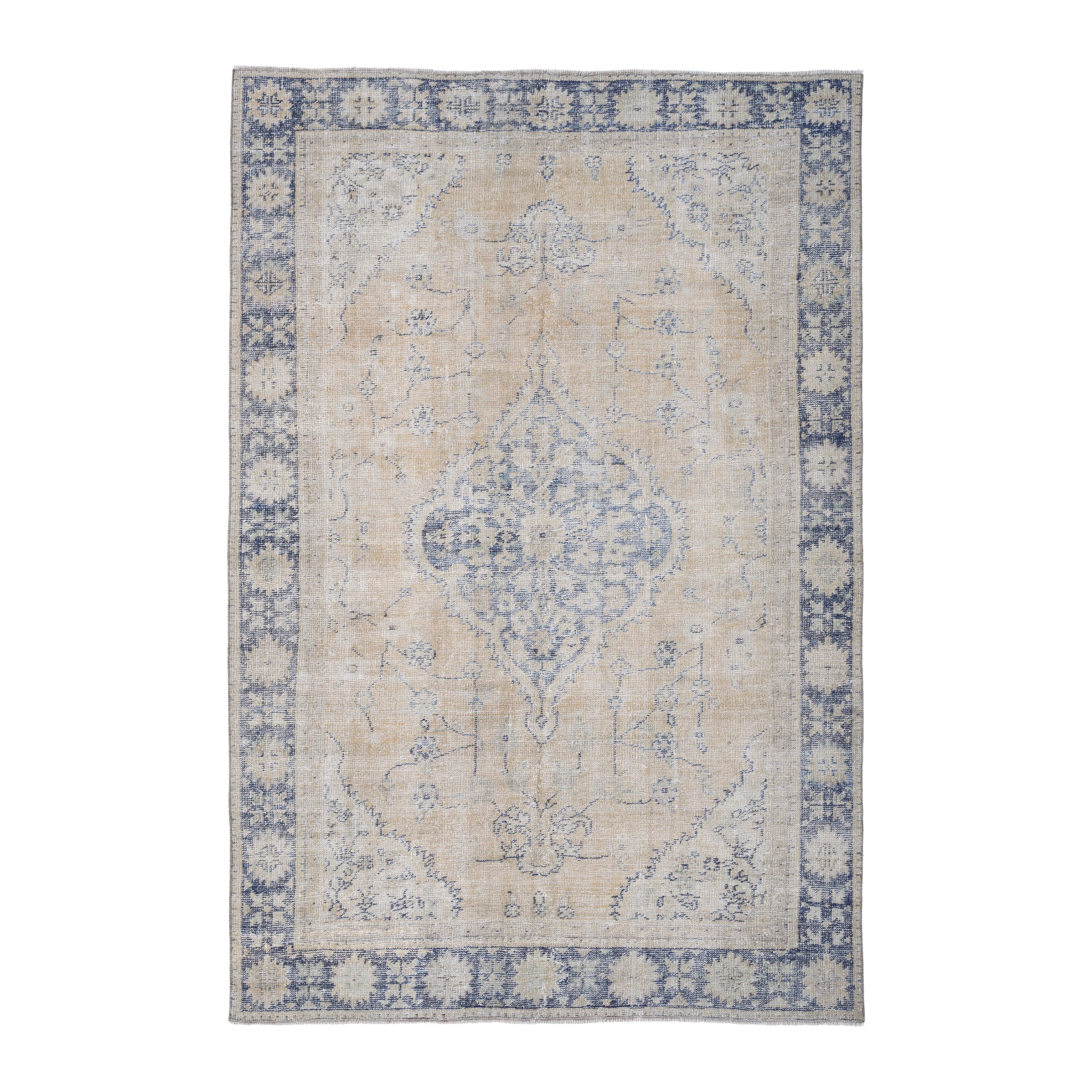 Turkish Manisa area rug in cream and navy, 5'7" x 8'4"