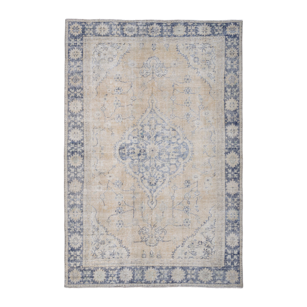 Turkish Manisa area rug in cream and navy, 5'7" x 8'4"