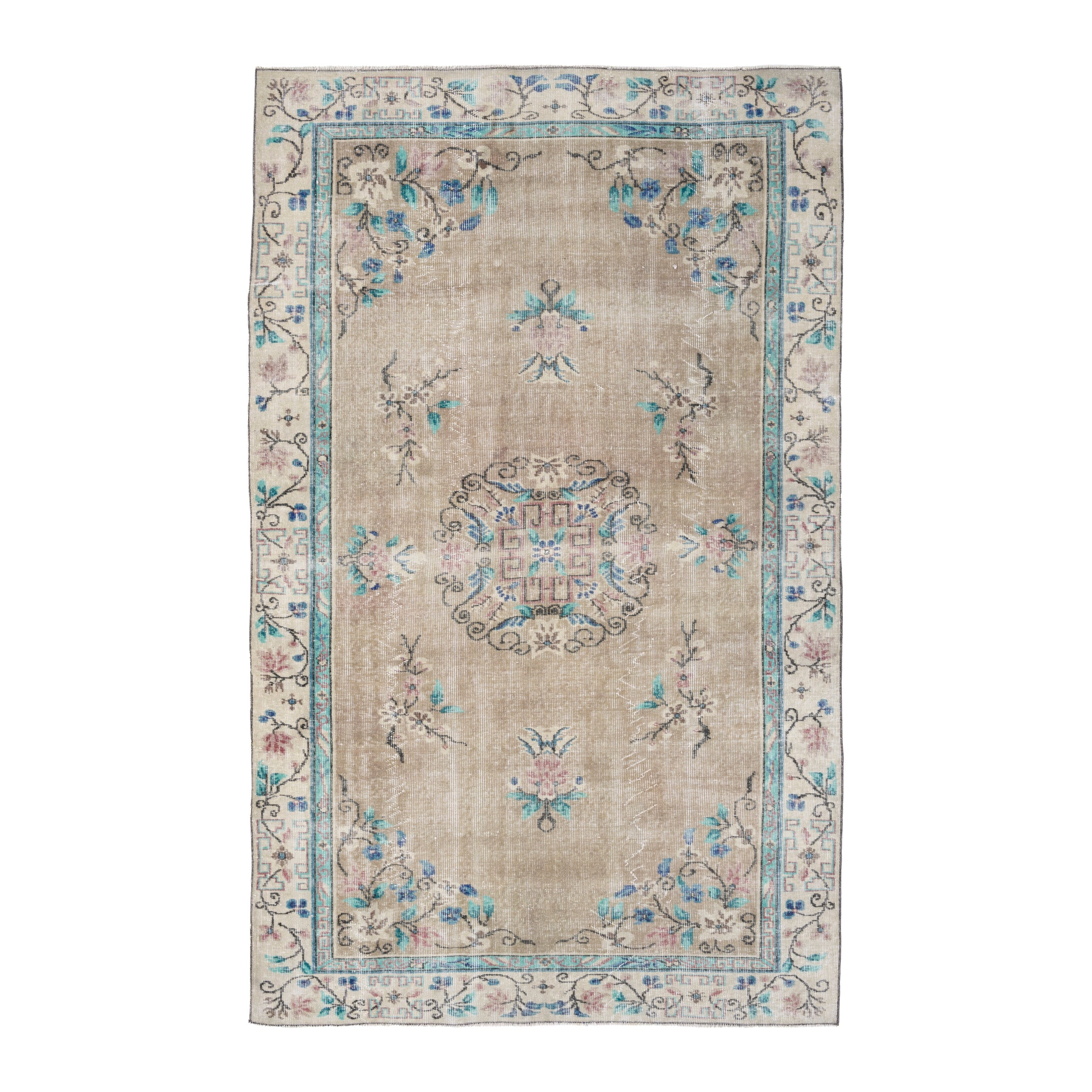 Turkish Isparta area rug in beige and muted pink, 5'8" x 9'