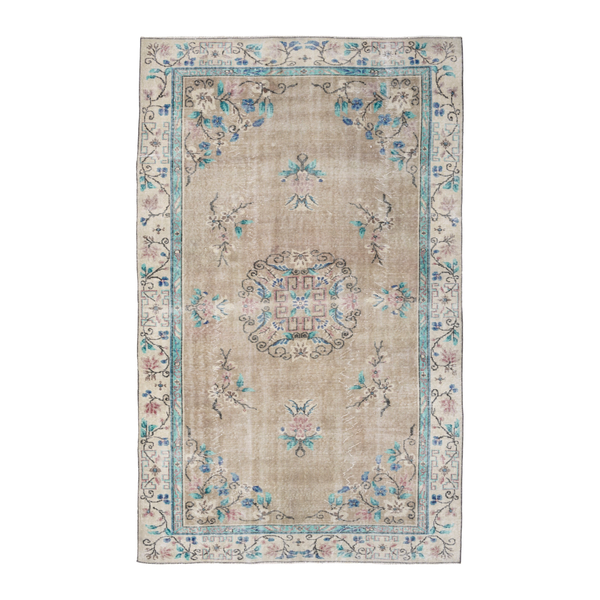 Turkish Isparta area rug in beige and muted pink, 5'8" x 9'