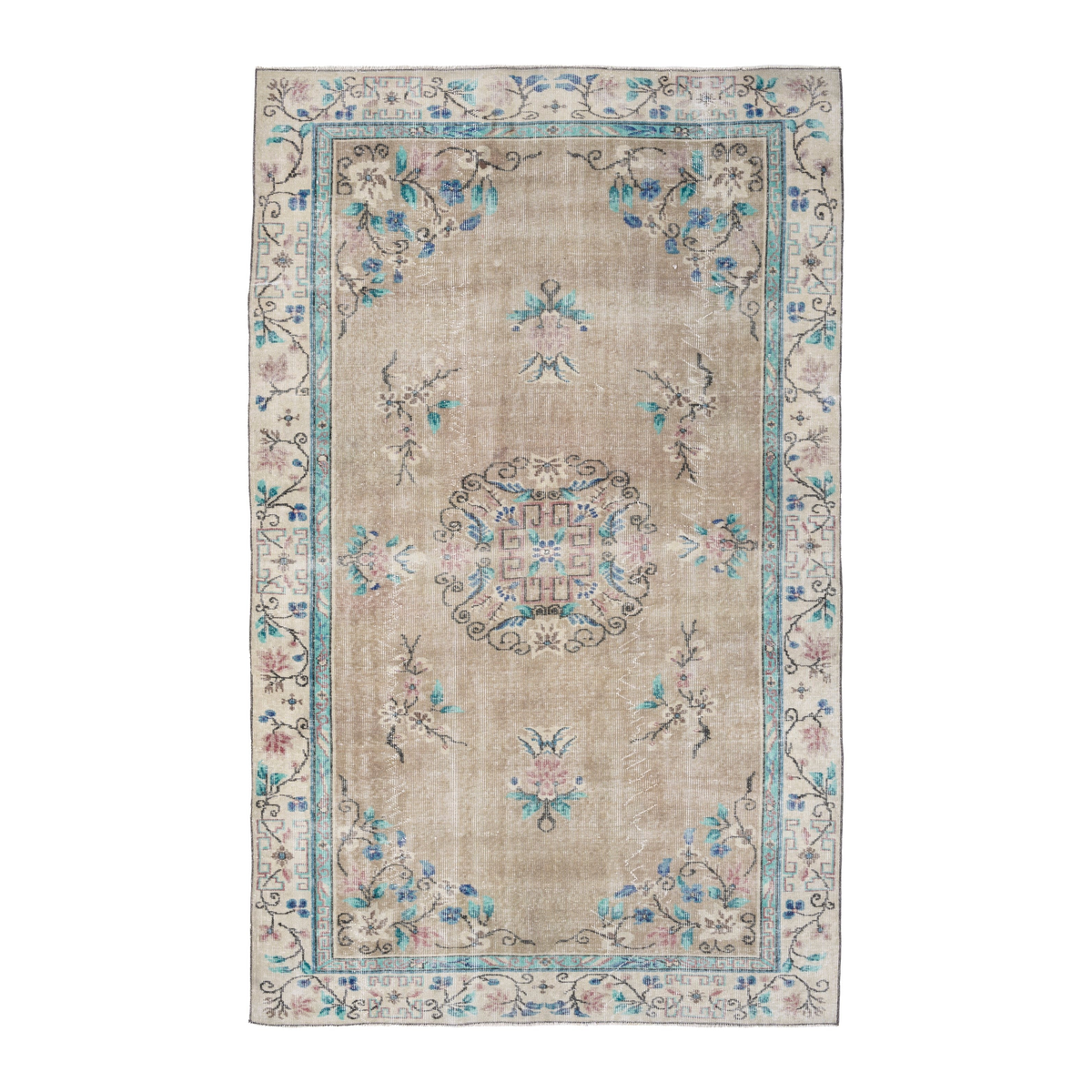 Turkish Isparta area rug in beige and muted pink, 5'8" x 9'