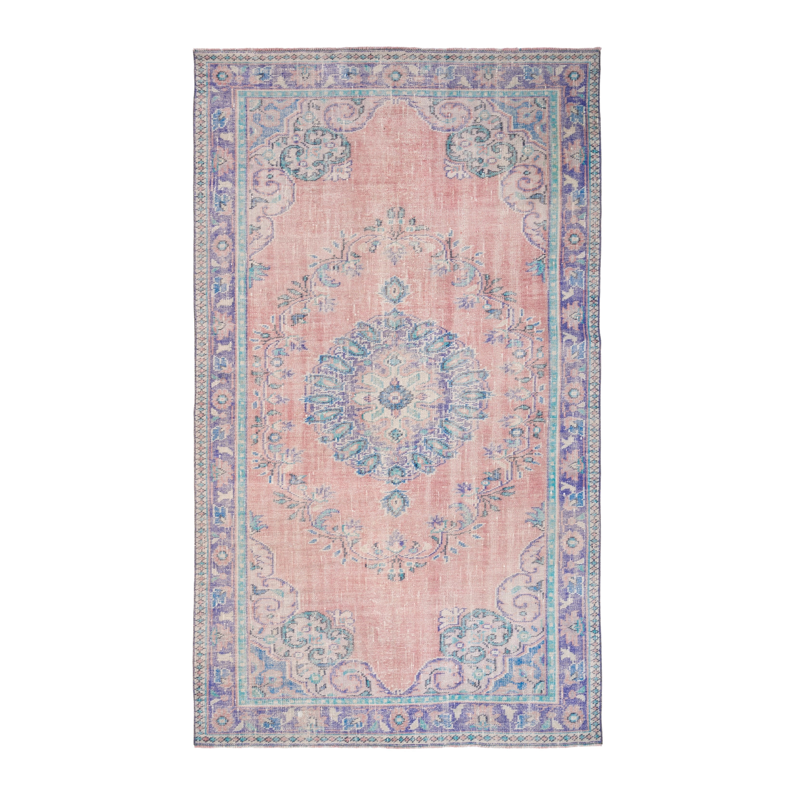 Turkish Manisa area rug in muted pink and denim, 5'8" x 9'9"