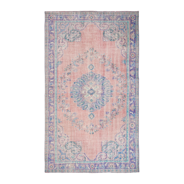Turkish Manisa area rug in muted pink and denim, 5'8" x 9'9"