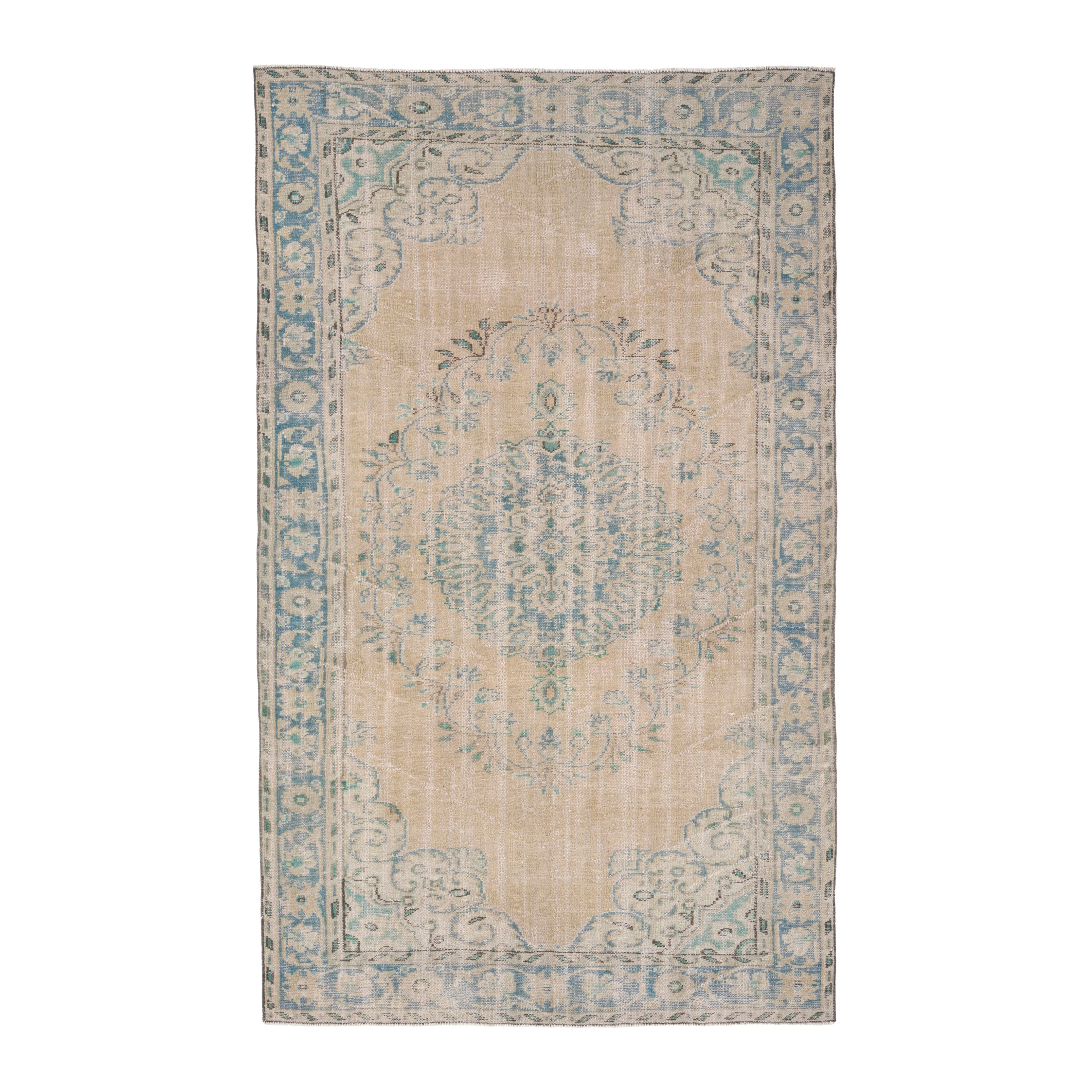 Turkish Manisa area rug in beige and blue gray, 5'5" x 8'11"