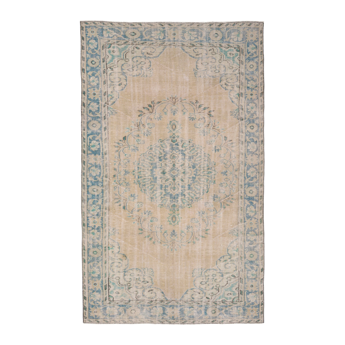 Turkish Manisa area rug in beige and blue gray, 5'5" x 8'11"