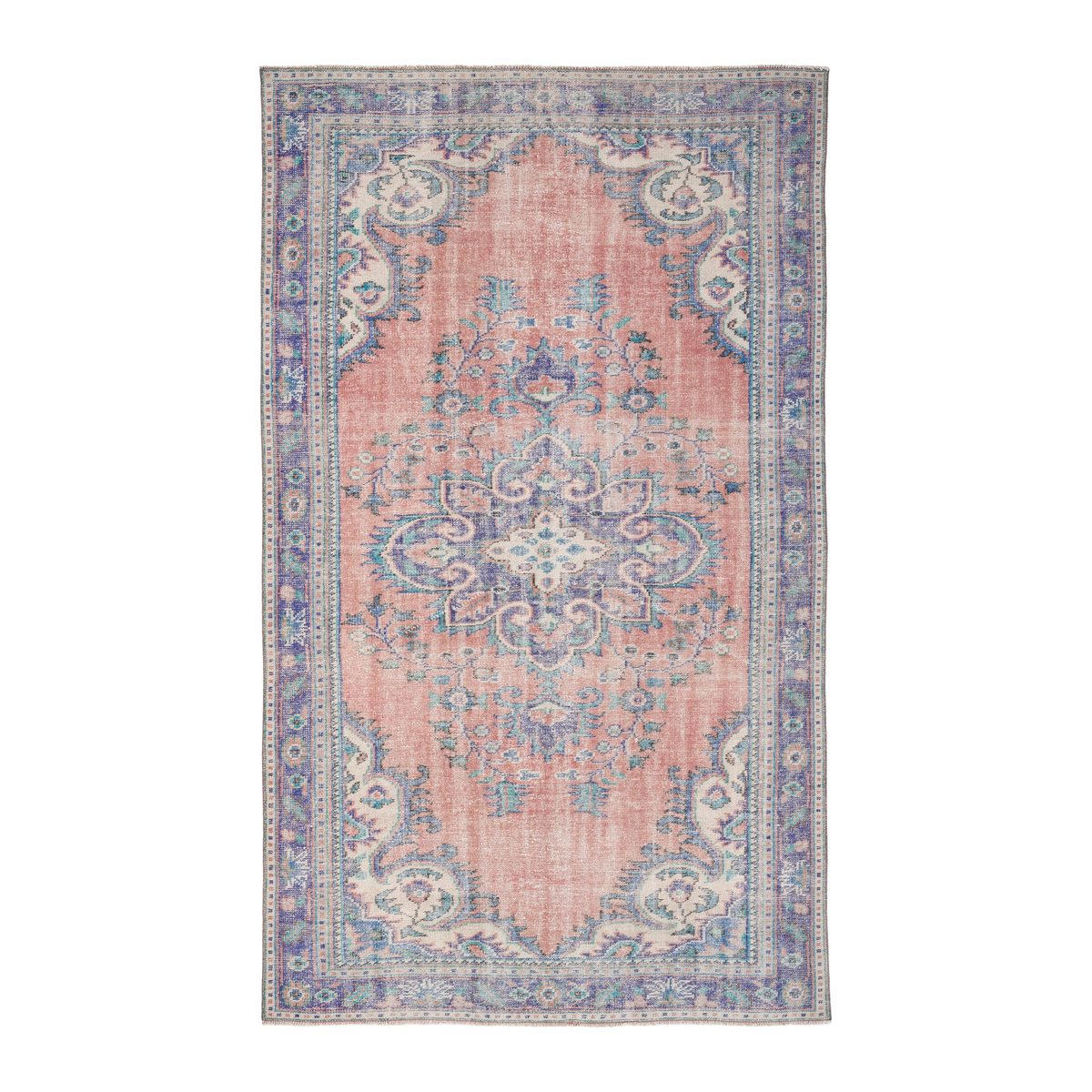 Turkish Manisa area rug in dusty rose and slate blue, 5'9" x 9'6"