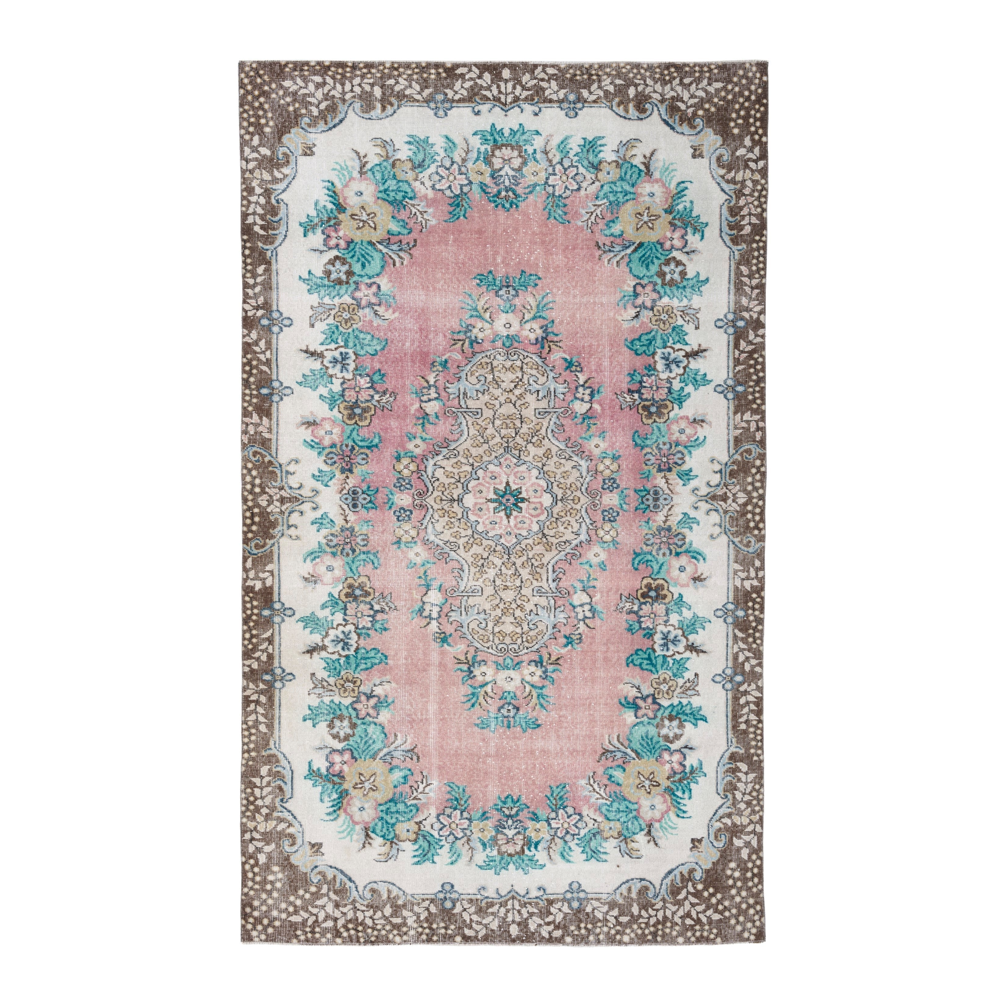 Turkish Isparta area rug in muted pink and turquoise, 5'6" x 9'2"